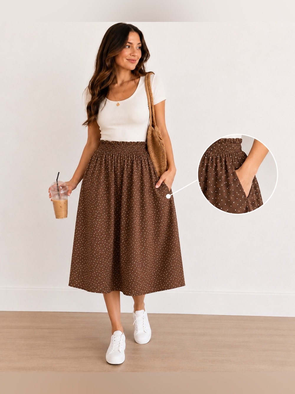 Brown White Polka Dot Midi Skirt Medium Pockets Pull On Elastic Waist A-Line EUC